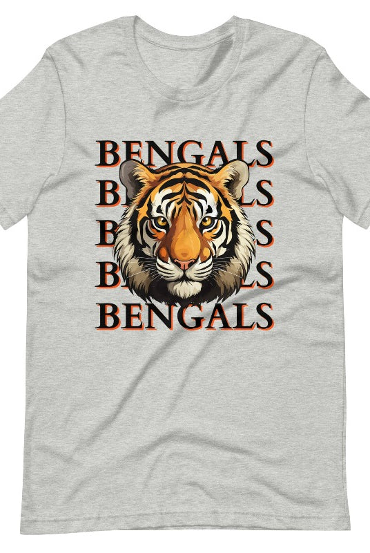 Our exclusive design features a fierce Siberian tiger face and the spirited mantra "Bengals Bengals Bengals Bengals." Unleash your inner roar with our comfortable Bella Canvas 3001 unisex graphic tee and show your stripes as a Cincinnati Bengals fan on an athletic heather grey shirt. 