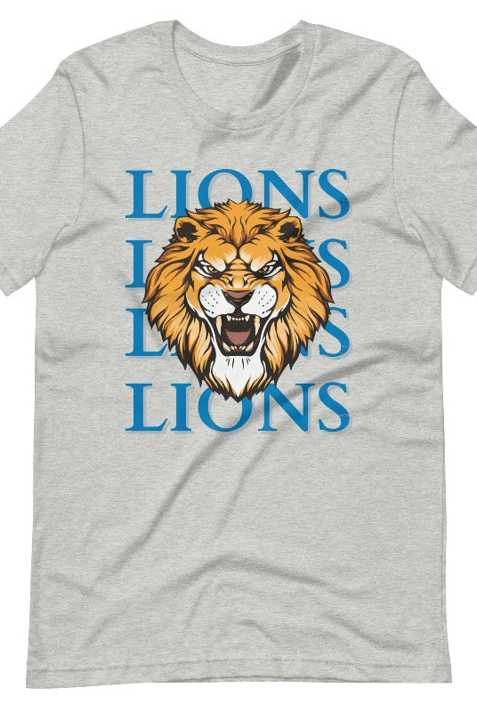 Roar in style with our Bella Canvas 3001 unisex graphic t-shirt featuring the "Lions Lions Lions Lions" design! Show your support for the Detroit Lions NFL football team with this bold athletic heather grey tee.