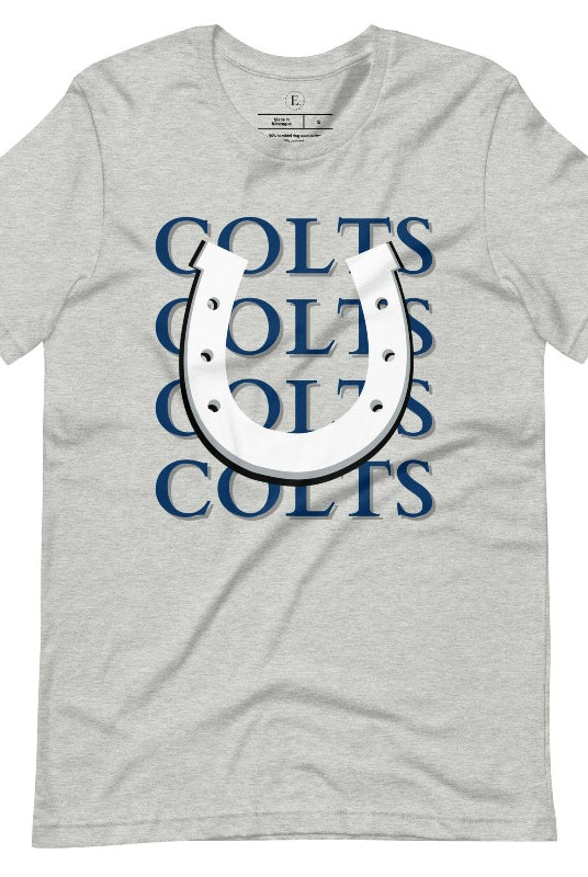 Horseshoe luck meets game day charm! Elevate your Colts pride with our Bella Canvas 3001 unisex tee featuring the spirited mantra "Colts Colts Colts Colts Colts" and a horseshoe illustration on an athletic heather grey shirt. 