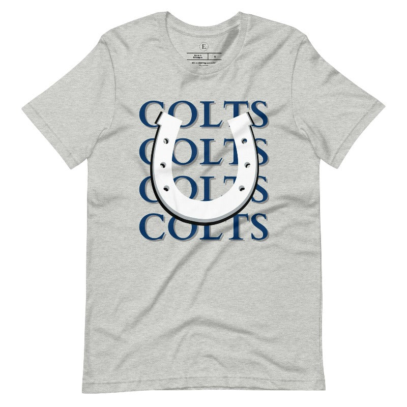 Horseshoe luck meets game day charm! Elevate your Colts pride with our Bella Canvas 3001 unisex tee featuring the spirited mantra "Colts Colts Colts Colts Colts" and a horseshoe illustration on an athletic heather grey shirt. 