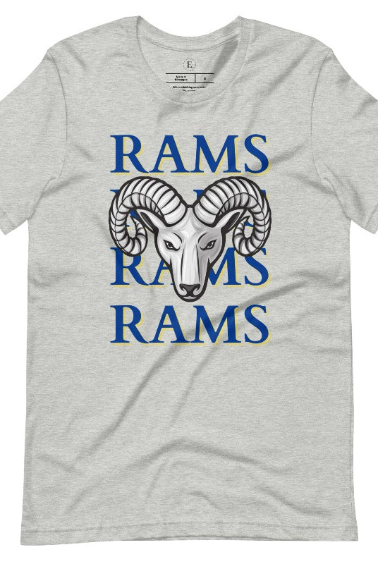 Unleash the Rams spirit with our Bella Canvas 3001 unisex tee! Elevate your game day style with the mantra 'Rams Rams Rams Rams' and a bold Rams head illustration on an athletic heather grey shirt. 