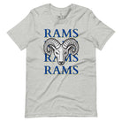 Unleash the Rams spirit with our Bella Canvas 3001 unisex tee! Elevate your game day style with the mantra 'Rams Rams Rams Rams' and a bold Rams head illustration on an athletic heather grey shirt. 