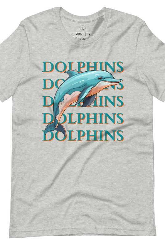 Introducing the Bella Canvas 3001 unisex graphic t-shirt that will make a splash! Dive into style with our Dolphins Dolphins Dolphins Dolphins tee, featuring a playful illustration of a dolphin for the Miami Dolphins football team on an athletic heather grey shirt. 