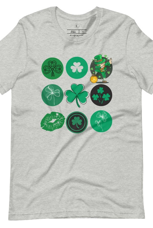 Celebrate Saint Patrick's Day in style with our Bella Canvas 3001 unisex graphic t-shirt! Get ready for the luckiest day of the year with our festive design featuring 3 rows of 3 vibrant and whimsical Saint Patrick's Day images on an athletic heather grey shirt. 