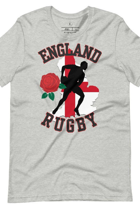 Introducing our England Rugby Graphic T-Shirt - the ultimate fusion of patriotism, rugby pride, and contemporary style! This captivating t-shirt features the words "England Rugby" and the iconic England flag artfully incorporated within the outline of the country, accompanied by a dynamic rugby player graphic on an athletic heather grey shirt. 