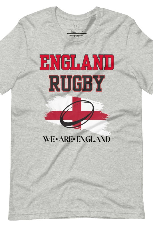 Introducing our England Rugby Graphic T-Shirt - a dynamic and spirited way to showcase your unwavering support for the English rugby team! This captivating t-shirt features the words "England Rugby" and the iconic England flag, with the powerful statement "We are England" proudly displayed beneath the flag on an athletic heather grey shirt. 