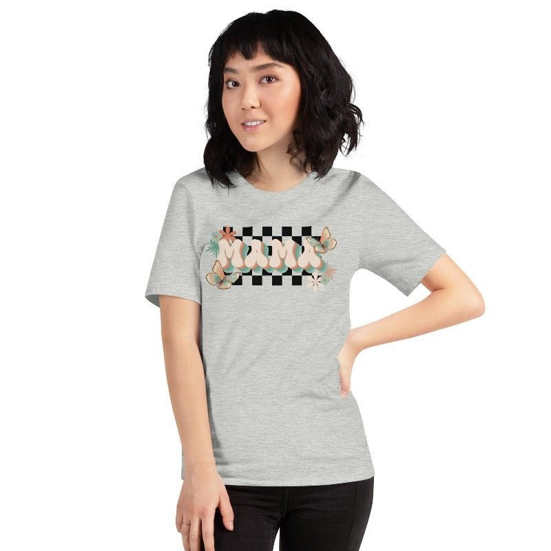 Grey Mama Graphic Tee with Checkered Background of Butterflies and Flowers | Mama Shirts, Mom Shirts