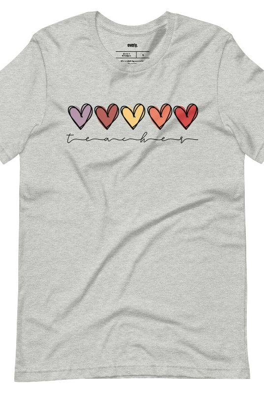 Modern heart design on a grey graphic tee with the word 'teacher' - perfect for teacher shirts and teacher gifts. Grey graphic tees.