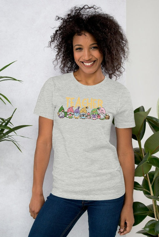 Grey teacher graphic tee featuring adorable teacher gnomes and the word 'teacher' - perfect for teacher shirts and teacher gifts. Grey graphic Tees.