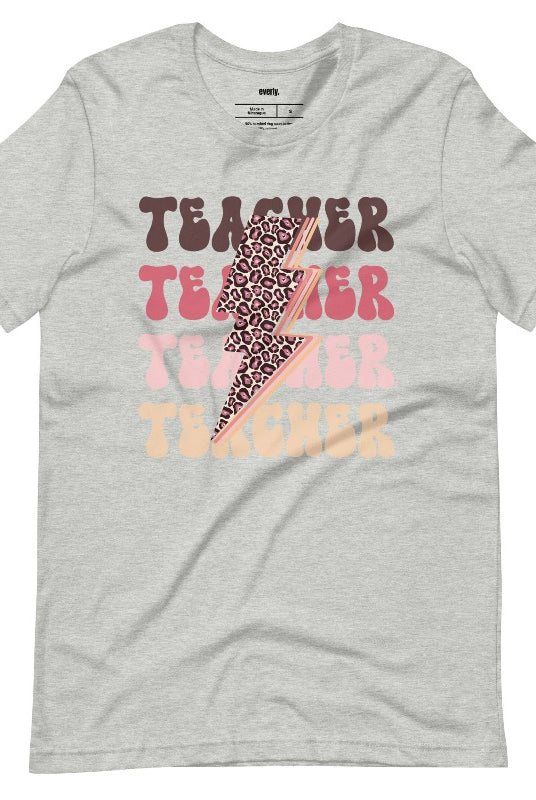 Grey teacher graphic tee with pink cheetah lightning bolt and the word 'teacher' - perfect for teacher shirts and teacher gifts. Eye-catching graphic tee for educators.