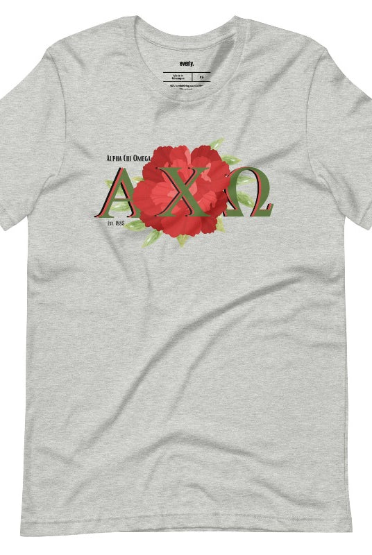 Showcase your Alpha Chi Omega pride with this Est 1885 red carnation graphic tee - the ultimate sorority shirt for style and sisterhood. Grey graphic tee