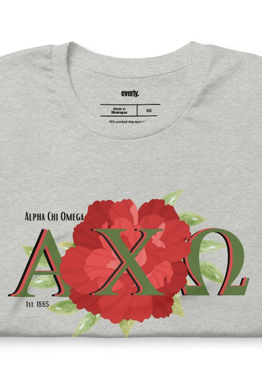 Showcase your Alpha Chi Omega pride with this Est 1885 red carnation graphic tee - the ultimate sorority shirt for style and sisterhood. Grey graphic tee