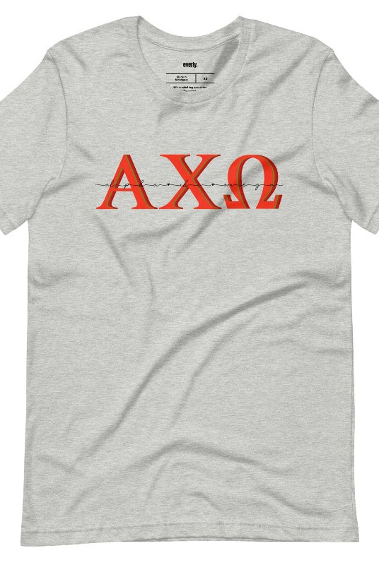 Elevate your sorority style with this Alpha Chi Omega Letters graphic tee - a must-have for any collection of sorority shirts that showcases your Alpha Chi Omega pride. Grey graphic Tee