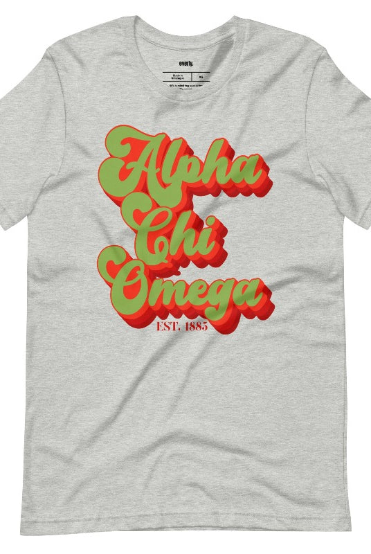 Get a retro-chic look with this Alpha Chi Omega Est 1885 graphic tee - a trendy choice for sorority shirts that combines timeless style with sisterhood pride. grey graphic tee