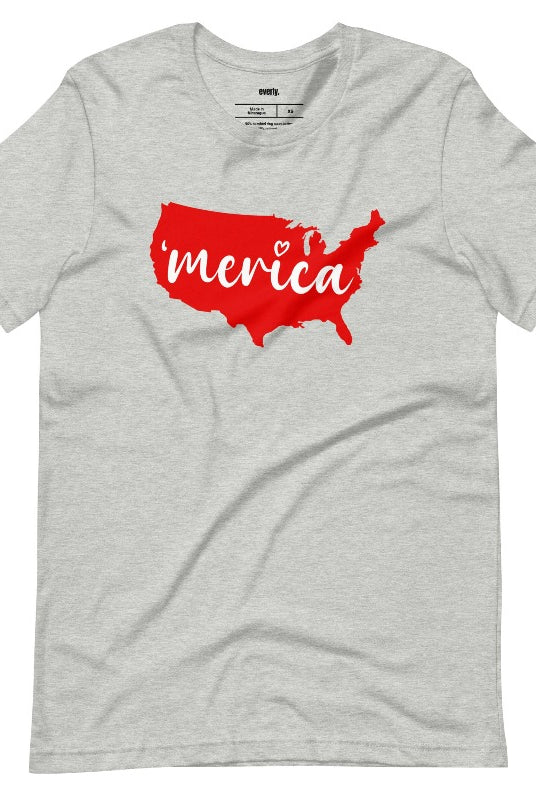 Graphic of the map of the USA with the text 'Merica' on the front of an athletic heather grey graphic tee.
