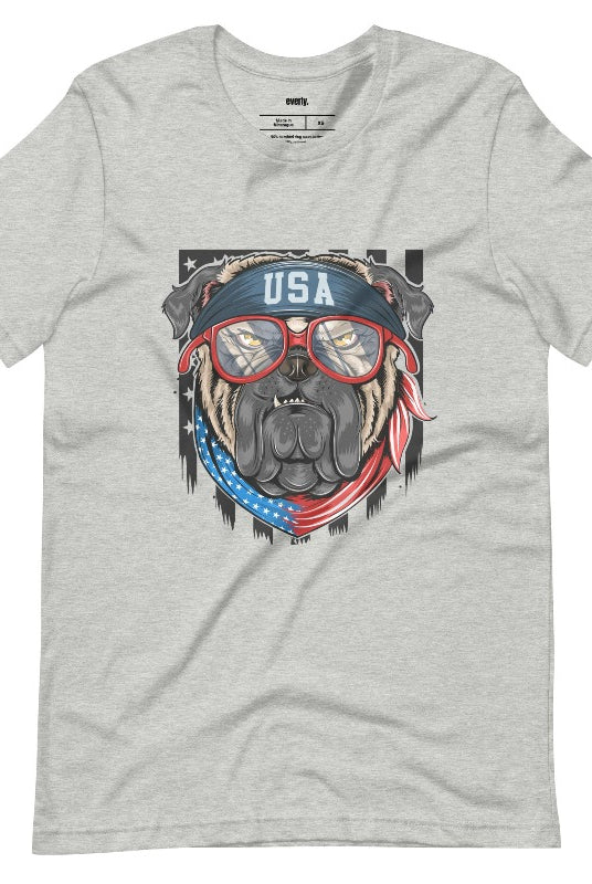Cute and cool USA July 4th graphic tee featuring a bulldog wearing sunglasses and a USA bandana on the front, perfect for showing off your patriotic and playful side on a grey graphic tee.