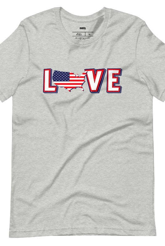 Charming and patriotic USA July 4th graphic tee featuring the word 'Love' with the 'O' represented by the United States map, creating a heartfelt and stylish design on a classic grey tee.