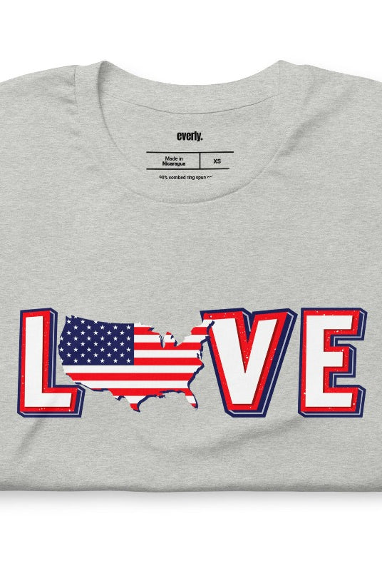 Charming and patriotic USA July 4th graphic tee featuring the word 'Love' with the 'O' represented by the United States map, creating a heartfelt and stylish design on a classic grey tee.