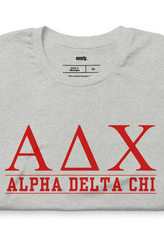 Athletic heather grey graphic tee featuring Alpha Delta Chi letters with 'Alpha Delta Chi' written below