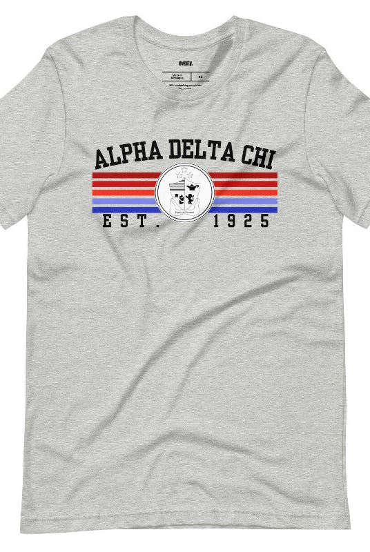 Athletic Heather Grey graphic tee featuring the Alpha Delta Chi sorority letters and crest
