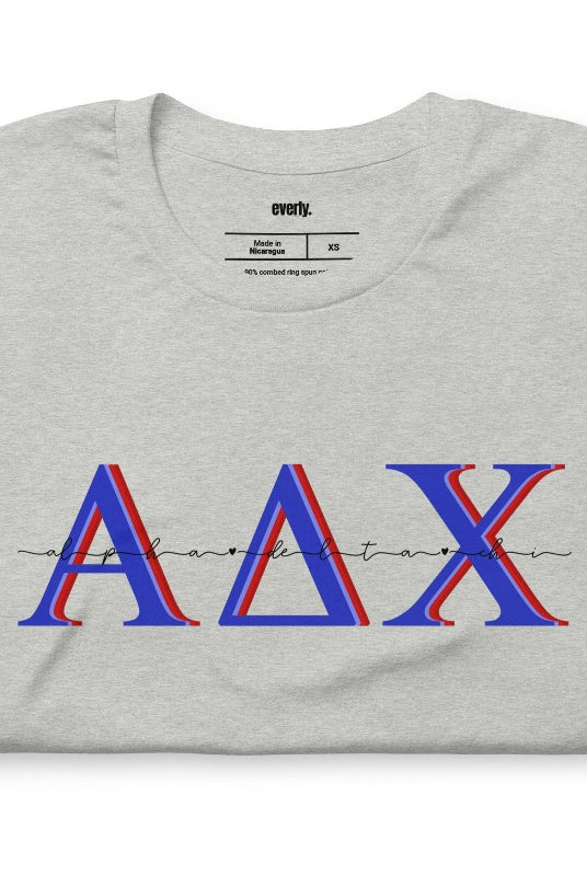 Athletic heather grey graphic tee featuring Alpha Delta Chi letters in bold