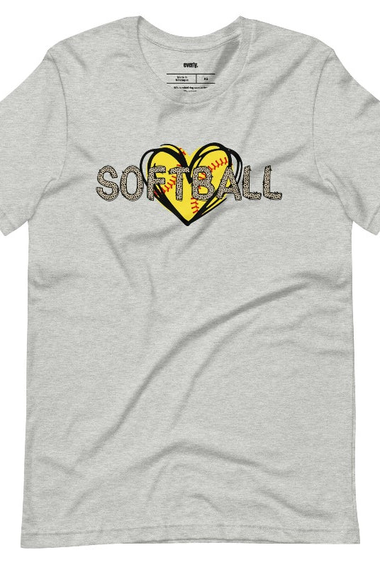 Cheetah print softball lettering on top of a softball heart on a grey graphic tee.