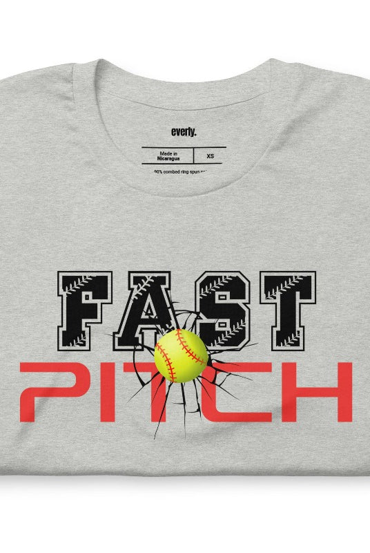Fast pitch softball graphic tee on a grey shirt.