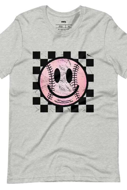 Retro softball smiley face on a grey graphic tee.