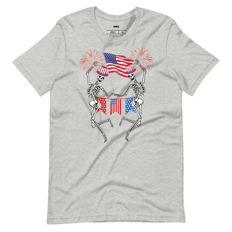 Skeletons celebrating July 4th grey graphic tee.
