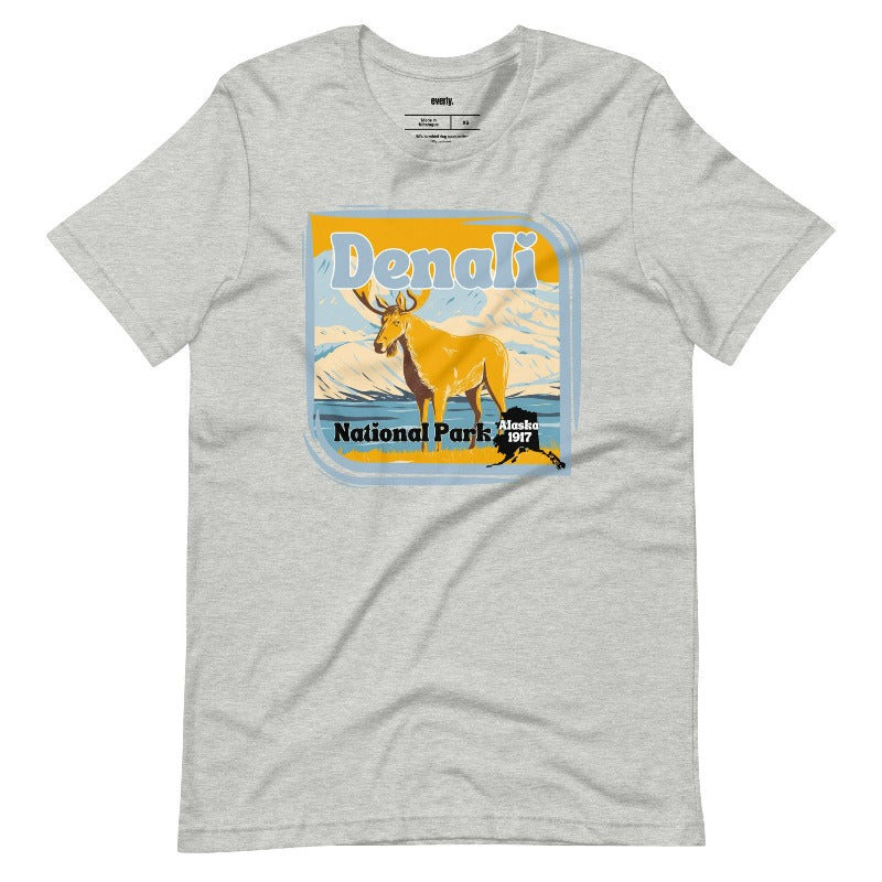 Athletic Heather Bella + Canvas 3001 t-shirt featuring a colorful Denali National Park graphic with a moose and mountains, showcasing the beauty of Alaska's wilderness.