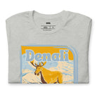 Athletic Heather Bella + Canvas 3001 t-shirt featuring a colorful Denali National Park graphic with a moose and mountains, showcasing the beauty of Alaska's wilderness