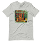 a vibrant illustration of Sequoia National Park, showcasing towering sequoia trees with a vintage-inspired design on a grey shirt.