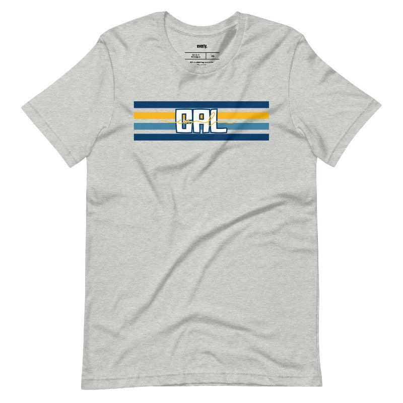 Bella + Canvas 3001 unisex t-shirt featuring blue and gold horizontal stripes with "CAL" text prominently displayed in the center on a grey graphic tee.