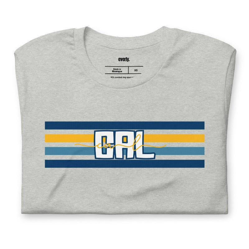 Bella + Canvas 3001 unisex t-shirt featuring blue and gold horizontal stripes with "CAL" text prominently displayed in the center on a grey graphic tee.