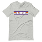 Bella + Canvas 3001 unisex shirt with Clemson University stripe design in purple, orange, and white, with "Clemson" written in bold letters on a athletic heather graphic tee.