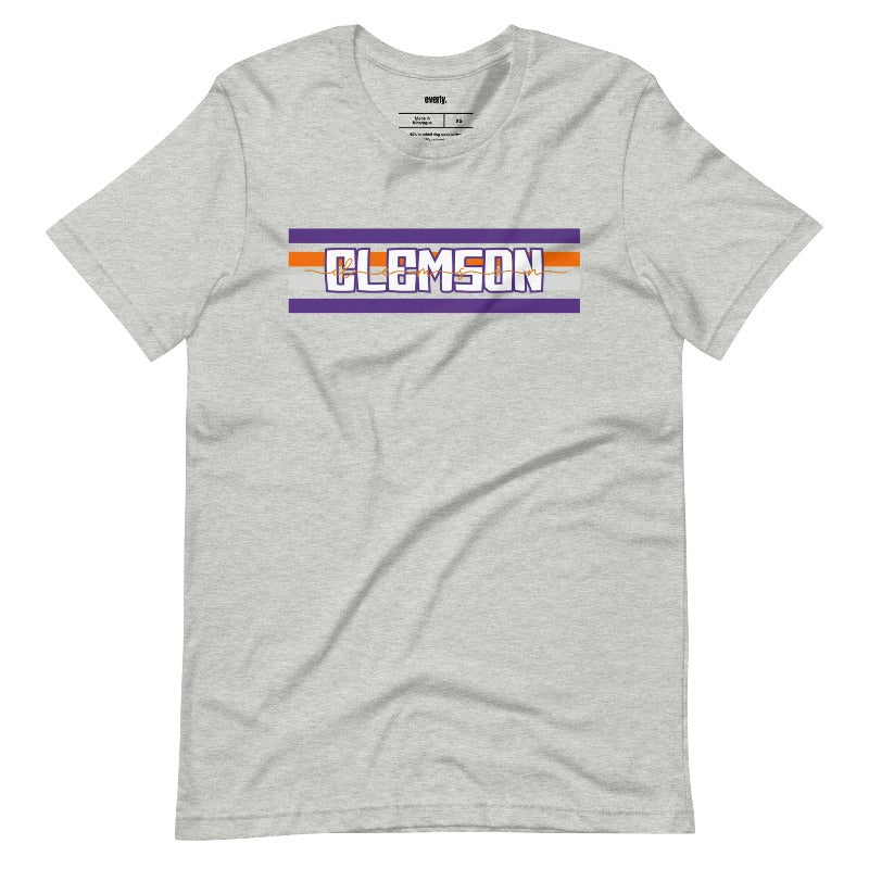 Bella + Canvas 3001 unisex shirt with Clemson University stripe design in purple, orange, and white, with "Clemson" written in bold letters on a athletic heather graphic tee.