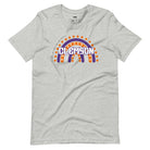 Bella + Canvas 3001 unisex shirt featuring a colorful rainbow design with the word "Clemson" in the center, representing Clemson University on a grey graphic tee.