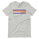 Bella + Canvas 3001 unisex T-shirt featuring a Clemson University design with purple, orange, and grey stripes and the word "Clemson" in bold orange letters on a grey shirt