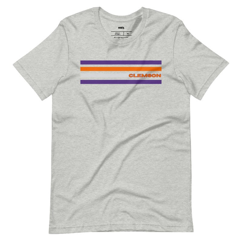 Bella + Canvas 3001 unisex T-shirt featuring a Clemson University design with purple, orange, and grey stripes and the word "Clemson" in bold orange letters on a grey shirt