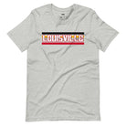 Bella + Canvas 3001 unisex t-shirt featuring the University of Louisville design with red, black, and yellow stripes, and "Louisville" text prominently displayed on a grey shirt.