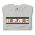 Bella + Canvas 3001 unisex t-shirt featuring the University of Louisville design with red, black, and yellow stripes, and "Louisville" text prominently displayed on a grey shirt.