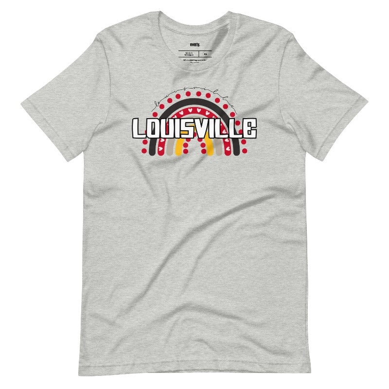 A vibrant rainbow design and the text "Louisville" in bold letters, perfect for showing University of Louisville spirit on a grey shirt.