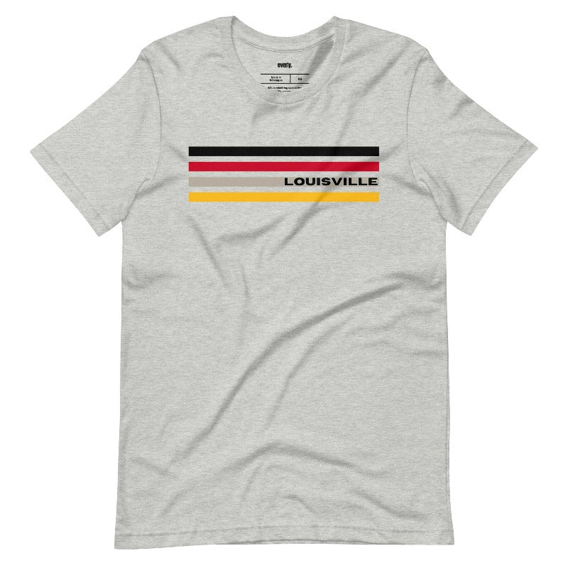 A Bella + Canvas 3001 unisex t-shirt featuring stylish stripes in black, red, and gold with "Louisville" text, perfect for University of Louisville fans, made of 100% combed and ring-spun cotton on a grey shirt.