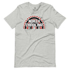 This vibrant NC State design with "North Carolina" text, rainbow arch, and red dots on a grey shirt.