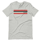 Bold red, black, and grey stripes with "STATE" text for NC State on a grey] shirt.