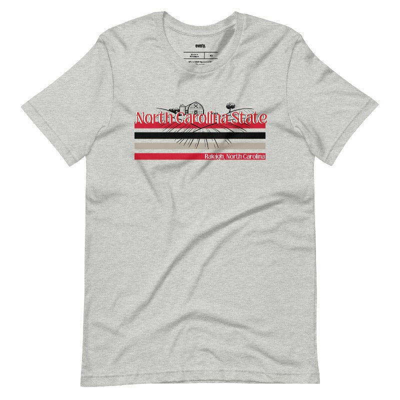 A vibrant NC State design with "North Carolina State" written in red across the top, stripes in red, black, and white, and "Raleigh, North Carolina" at the bottom on a grey graphic tee.