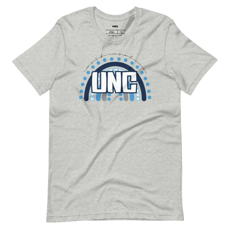 UNC - University of North Carolina design with blue and white motifs on a grey shirt.