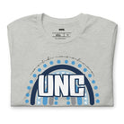 UNC - University of North Carolina design with blue and white motifs on a grey shirt.