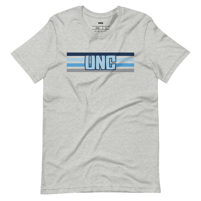 The letters "UNC" in bold blue over blue and white stripes for the University of North Carolina on a grey shirt.