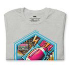 a vibrant neon design of a football with retro elements like boomboxes and geometric patterns, set in a hexagonal frame on a grey shirt.